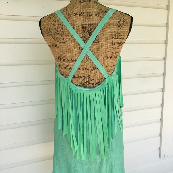 JUDITH MARCH FRINGE SPAGHETTI STRAP MINT DRESS - Picture 5 of 7